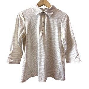 Zenergy Golf by Chicos Womens White Gold Metallic Zebra Polo Shirt 8/10  Medium